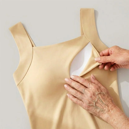 Removable pad detail on Maggie's built-in bra comfort tank in grey