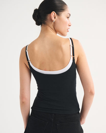 Maggie's Aurora double-layered cami in black worn bra-free