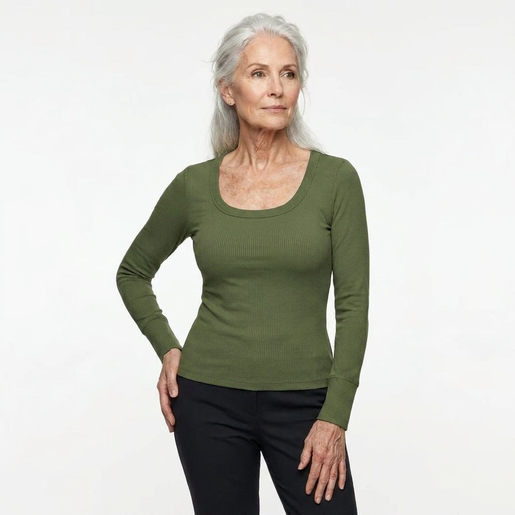 Maggie's ribbed long-sleeve top with built-in bra in army green