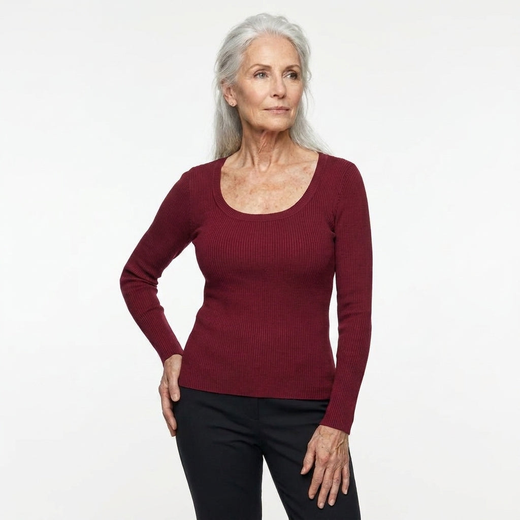 Maggie's ribbed long-sleeve top with built-in bra in burgundy