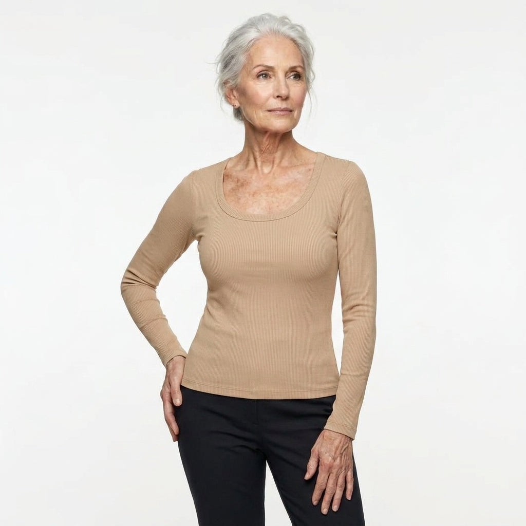 Maggie's ribbed long-sleeve top with built-in bra in khaki